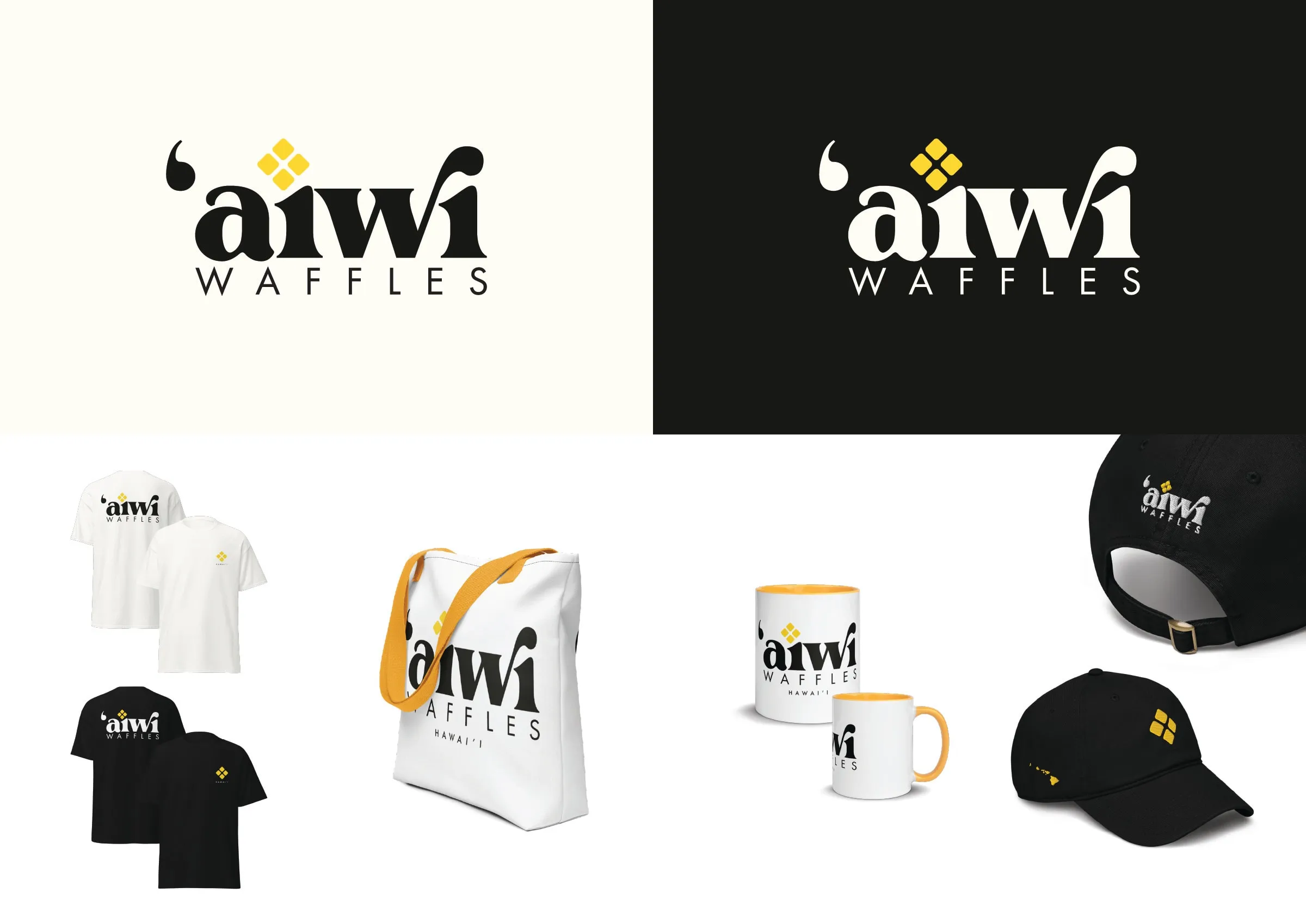 The 'Aiwi Waffles logo in black on ivory and in ivory on black, above the merch line: T-shirts, a tote bag, mugs and caps