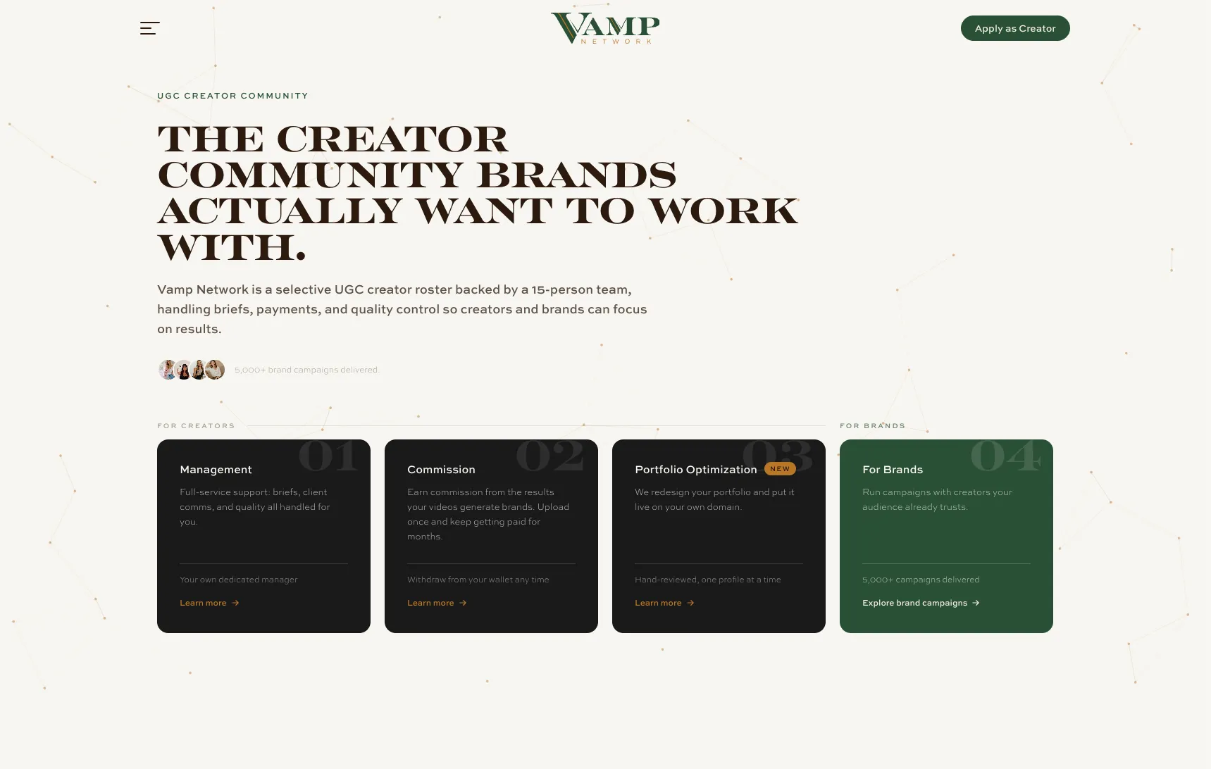 Vamp Network's homepage, with a card for each creator service and one for brands