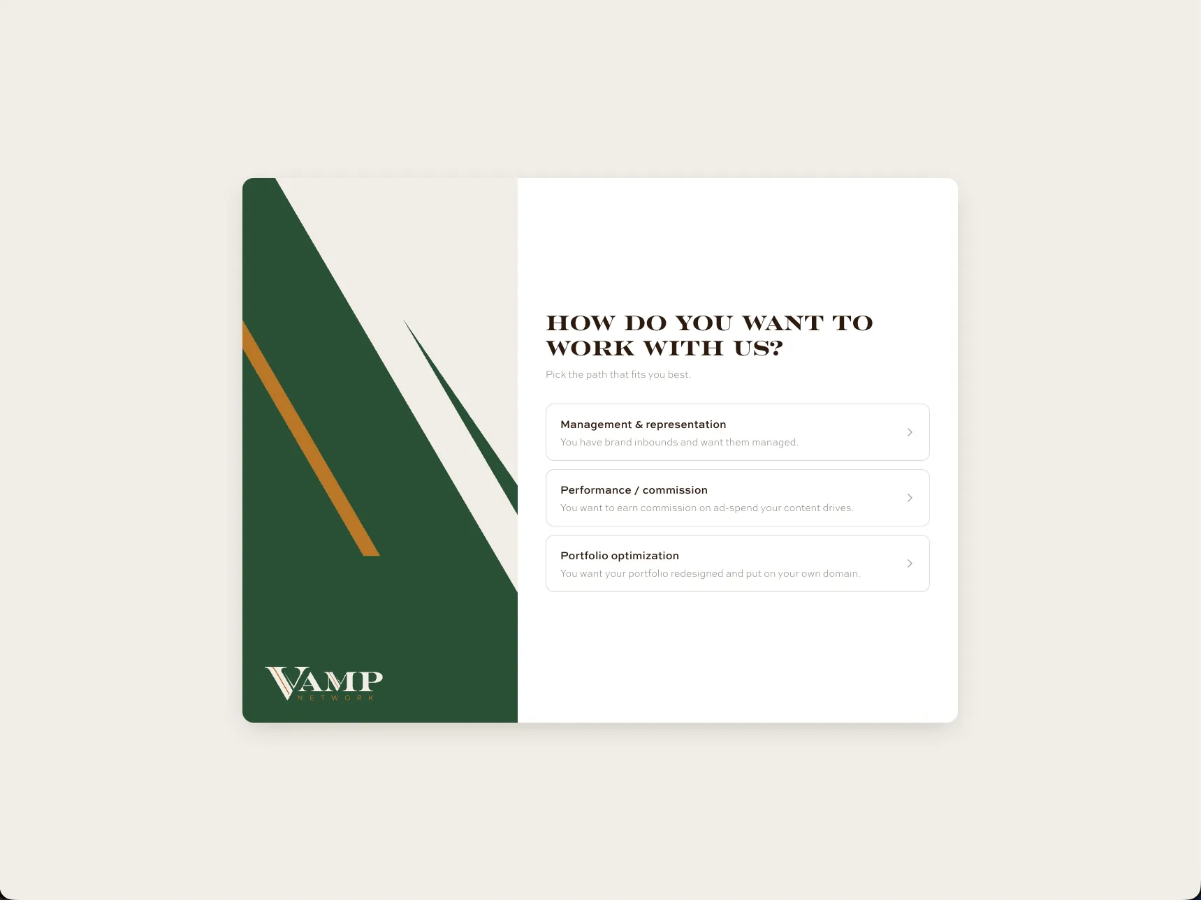 Vamp Network intake flow asking a creator how they want to work with the agency: management, commission or portfolio optimization