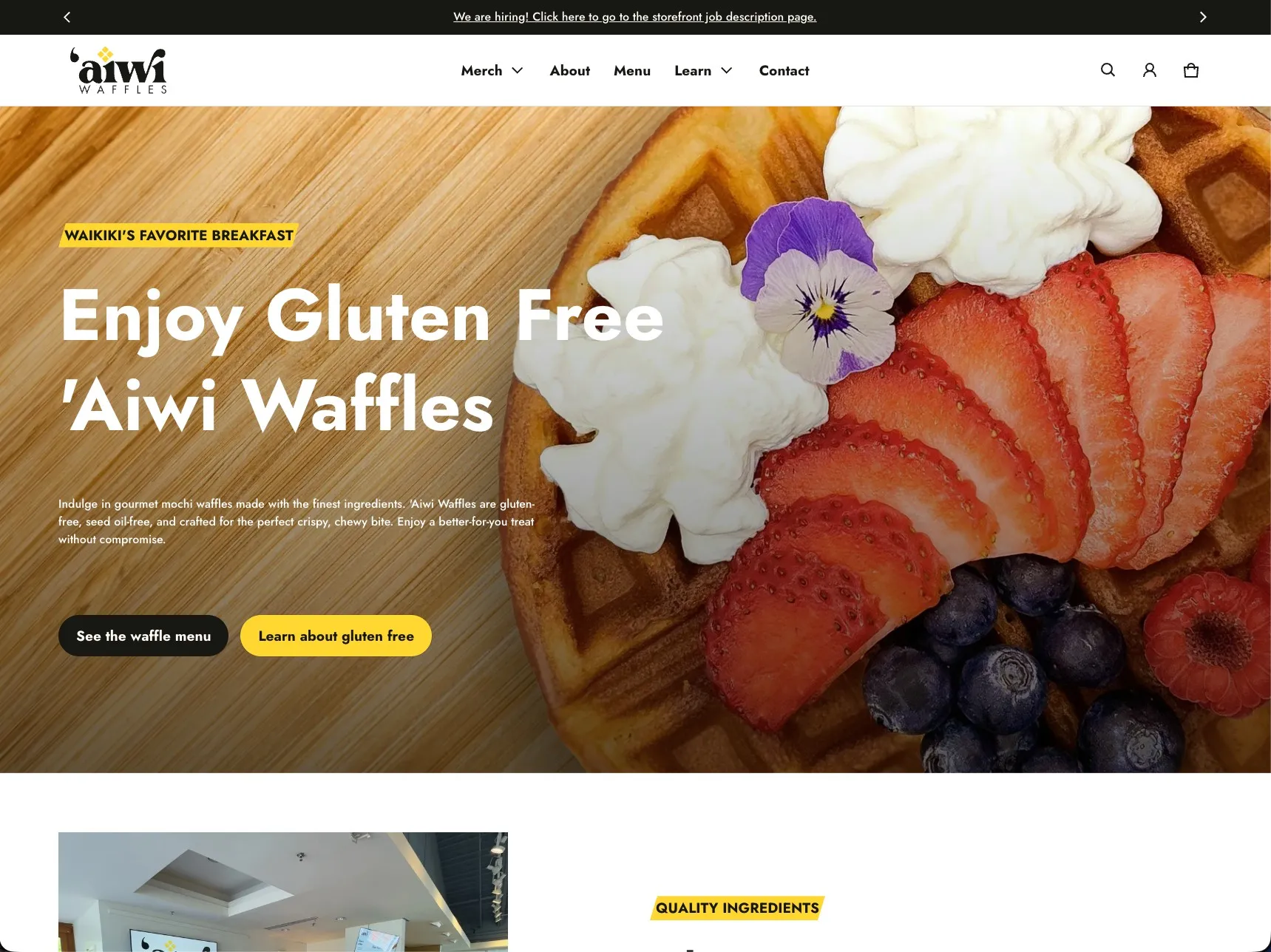 The 'Aiwi Waffles Shopify storefront homepage, with a waffle topped with cream, strawberries and blueberries