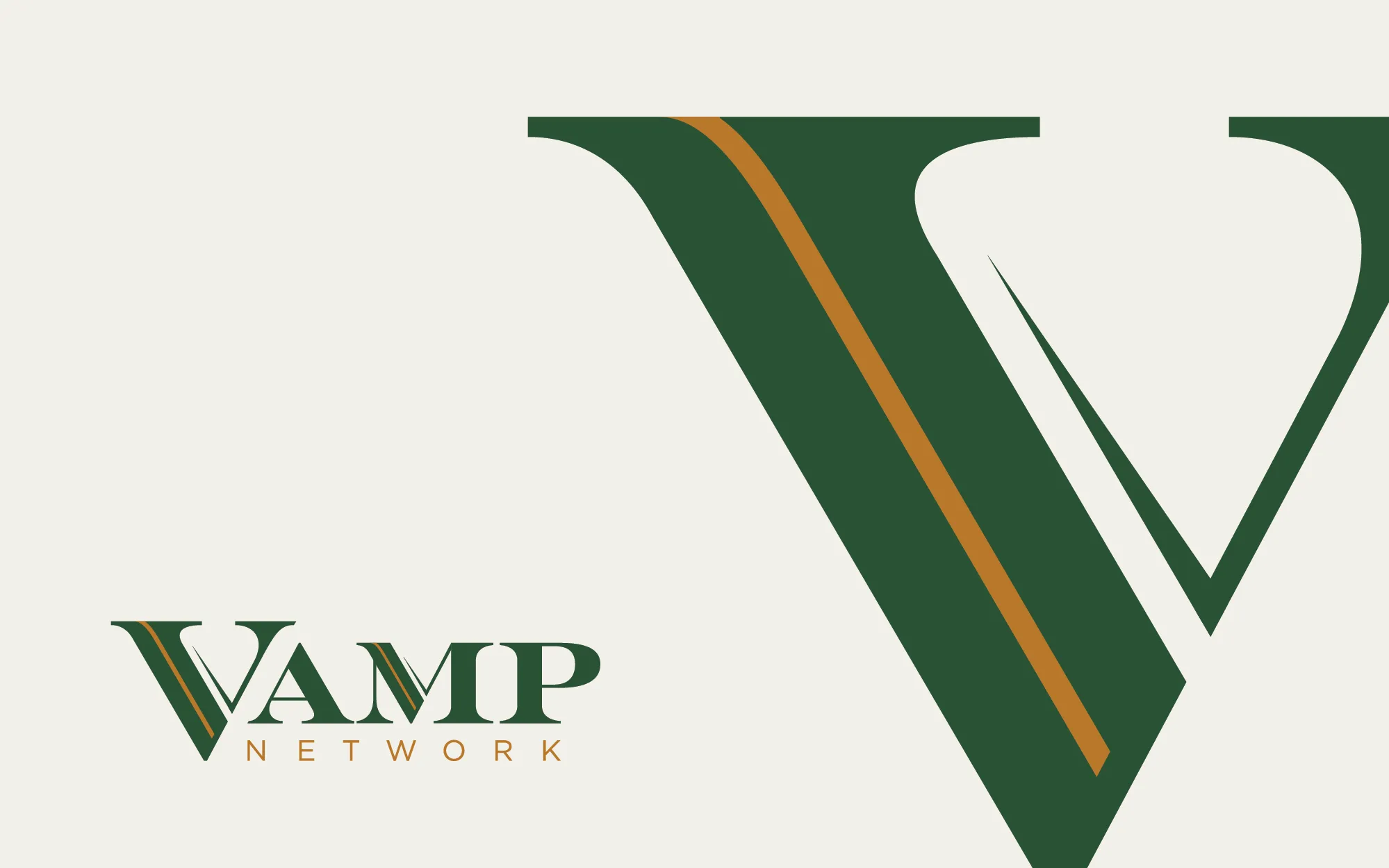 The Vamp Network logo beside a large green V with a gold stripe, on cream