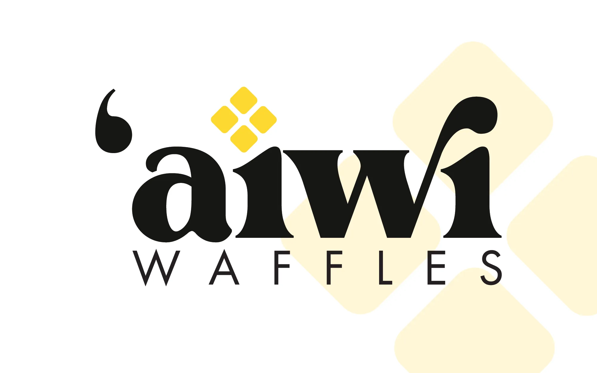 The 'Aiwi Waffles logo on white, over pale yellow rounded diamonds
